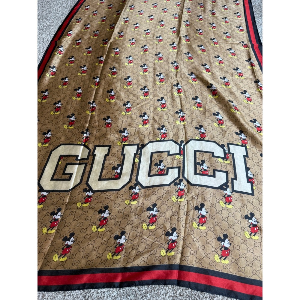 Gucci x Disney Mickey Mouse Silk Scarf GG Monogram Large Shawl Brown 70x30 - Picture 4 of 6